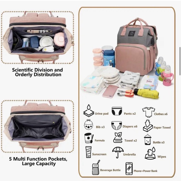Pink Multi-Function Diaper Bag with Bassinet - Picture 5 of 12